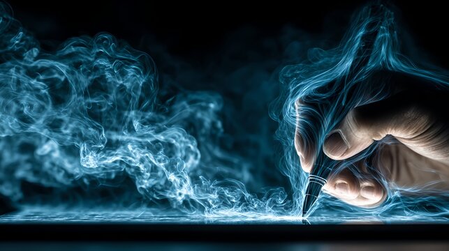 A hand using a stylus on a digital tablet, with swirling blue energy or smoke emanating from the point of contact, creating a magical and futuristic effect