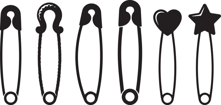 Safety pin vector set, black and white metal pin collection, sewing fasteners and decorative heart star diaper pins icon graphic