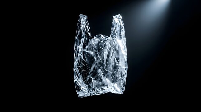 Translucent plastic shopping bag glowing under dramatic spotlight symbolizing single use plastic waste and the urgent call for environmental sustainability