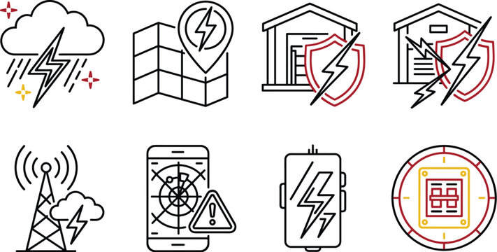 Lightning protection and surge arrester line icons set features thunderstorm radar warning electricity shield and breaker panel