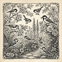 Obraz premium Vintage black-and-white botanical illustration of charming birds perched among dense flowers, leaves, branches, and foliage, intricate hand-drawn engraving style, square composition.