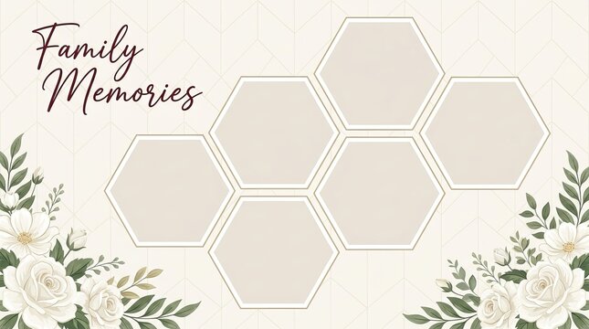 Family memories photo collage template with floral border and hexagonal frames