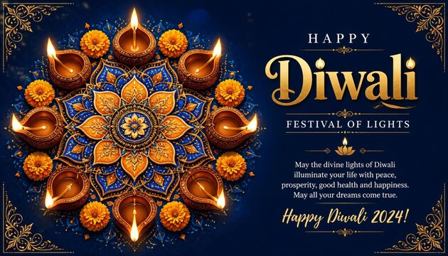 Happy Diwali Greeting Card Banner with Golden Typography and Mandala Rangoli Layout