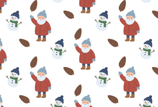 Cheerful seamless winter pattern illustration with old man waving figures, happy snowmen, and pinecones for festive holiday art