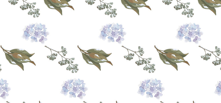 Seamless botanical winter pattern featuring delicate hydrangea blossoms, leaves, and berries, perfect for textile design.