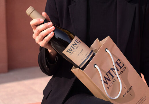 Wine Bottle and Paper Bag Mockup