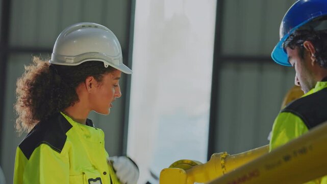 Female Worker Construction Helmet Safety Vest Robot Industrial Pipe Inspection Teamwork Directs Colleague Beside Equipment in Protective Workplace with Collaborative Safety Focus