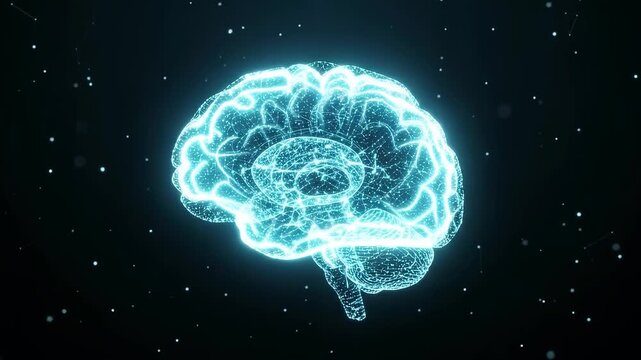 Glowing digital human brain formed by floating data particles representing artificial intelligence and neuroscience concept