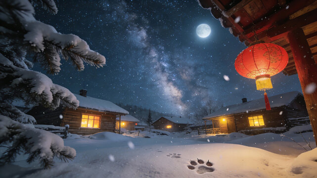 A village with snow on a winter night