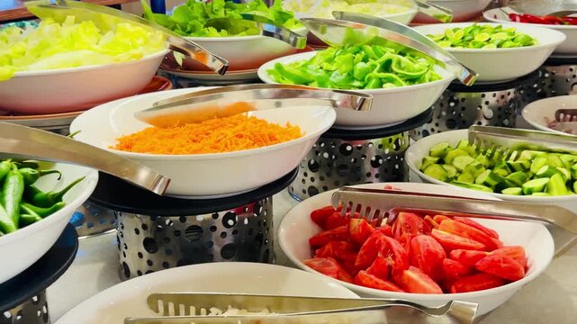 Healthy salad bar with detox vegetables at hotel all inclusive buffet. Diet lifestyle catering and wellness nutrition choice at luxury five stars Sharm El Sheikh resort restaurant. Food video.

