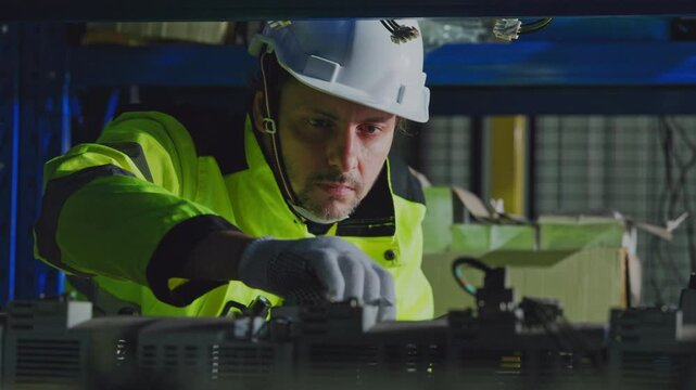 Industrial worker safety helmet repairing electronic equipment, inspecting machinery with focused expression inside dim workshop, wearing protective clothing during technical equipment maintenance