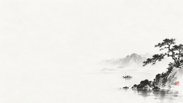 Misty Chinese Ink Wash Mountain Landscape