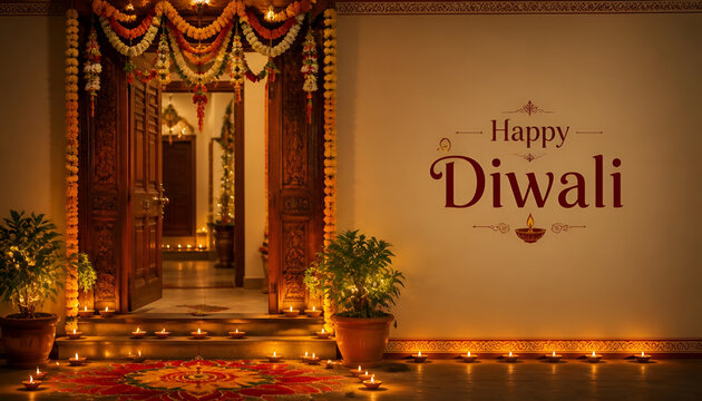 Festive happy diwali greeting with glowing oil lamps and traditional floral decoration at home entrance
