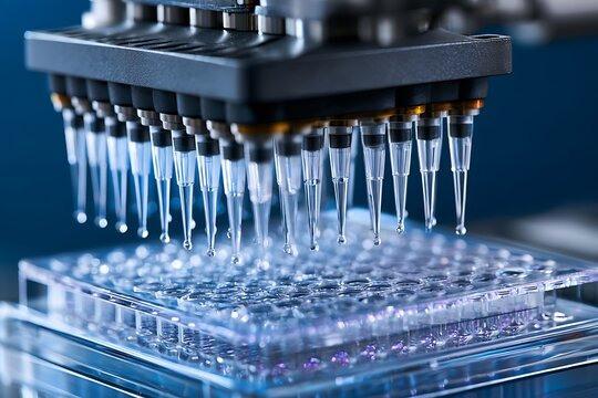 Macro photograph of an automated laboratory pipetting head, evenly aligned pipette tips dispensing tiny clear droplets into a multiwell assay plate,