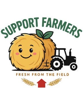 Support Farmers Cute Happy Hay Bale Cartoon with Tractor Silhouette Red Barn Wheat Fresh From The Field Farm Agriculture Vector Illustration EPS Transparent Background
