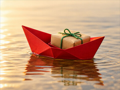 Red Paper Boat Carrying a Gift across Calm Golden Water