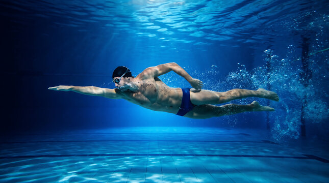 Underwater swimmer in freestyle motion with glowing blue water Generative AI