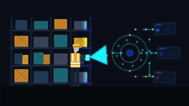Smart warehouse worker scanning inventory animation