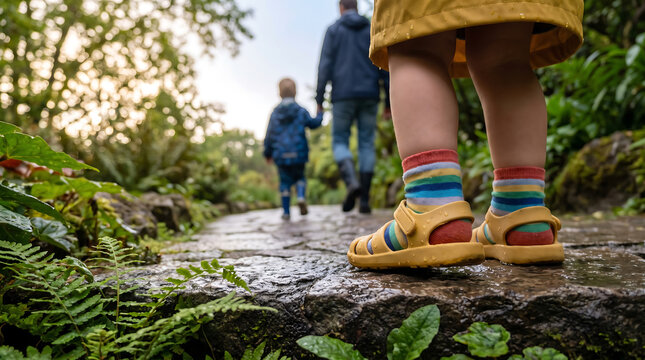 Toddler's fun journey on a wet garden path with family in blurred background, captured from a low angle.