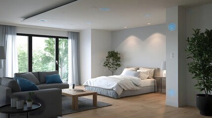 Obraz premium Modern bedroom and living area with smart lighting wooden floors gray furniture and large overlooking greenery