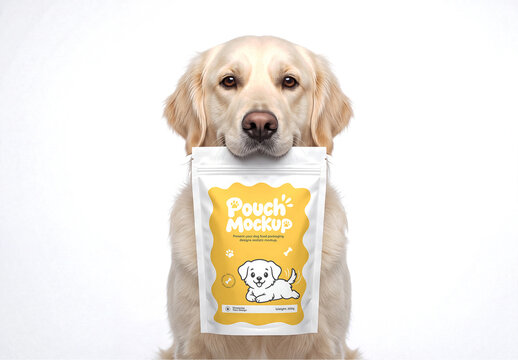 Dog Holding Pet Food Stand Up Pouch Mockup in Mouth