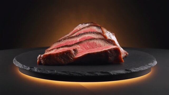Perfectly Sliced Sirloin Steak: A beautifully cooked sirloin steak, thinly sliced and arranged artfully on a dark stone plate, showcases its rich marbling and succulent texture.