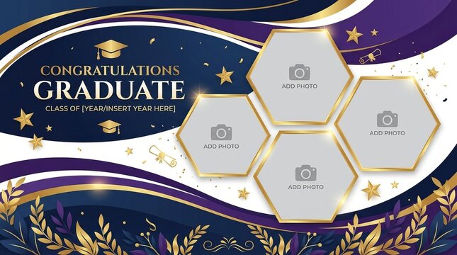 Horizontal congratulations graduate template with four hexagonal photo spots