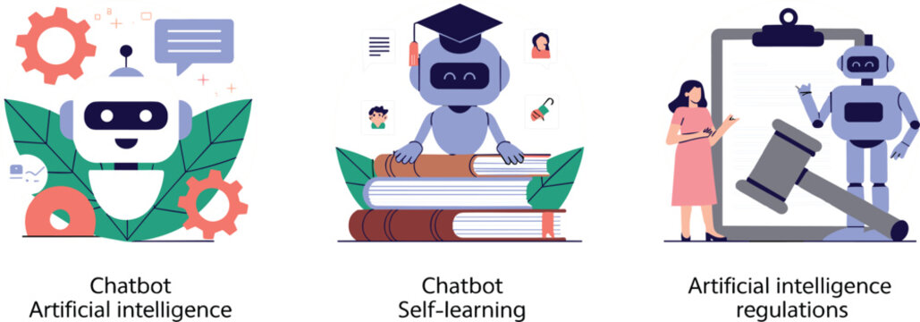 Set of artificial intelligence concepts featuring a chatbot helper self learning with books and ai legal regulations with a judge gavel isolated