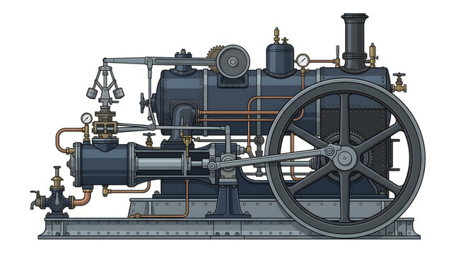 Vintage steam engine illustration with mechanical details and large flywheel