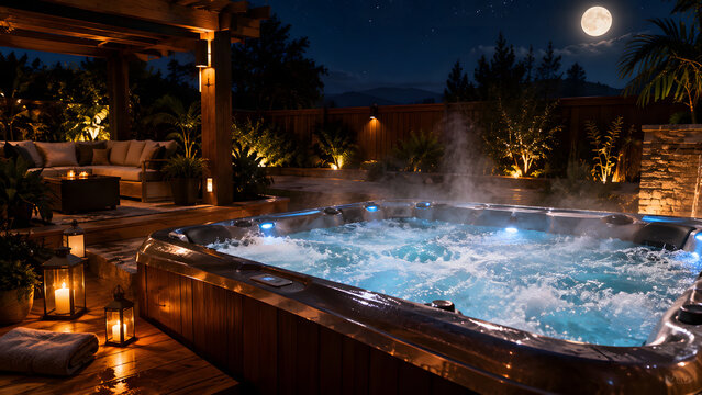 Bubbling Hot Tub in a Backyard at Night, Relaxing Outdoor Spa with Warm Water and Ambient Lighting