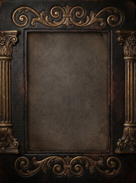 Dark academia vintage frame with antique brass columns and ornate baroque scrollwork over dark leather and aged parchment paper.