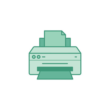 A simple flat design illustration of a printer with paper in the input tray.
