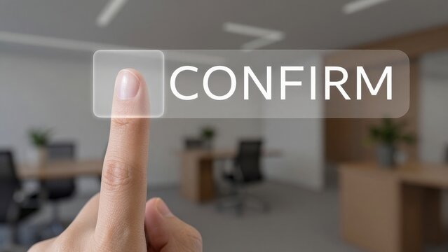 Hand Pressing Confirm Button in Modern Office Environment