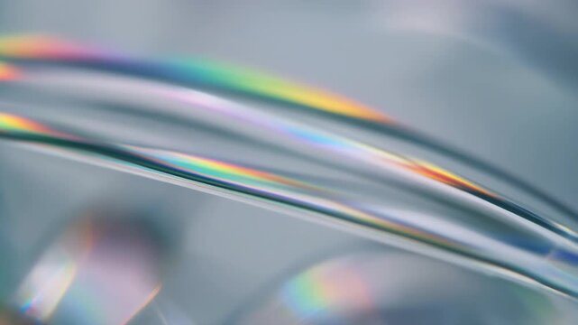 Prismatic Light Refraction: A close-up view of light refracting through a clear material, creating a spectrum of vibrant rainbow colors against a soft, blurred background.