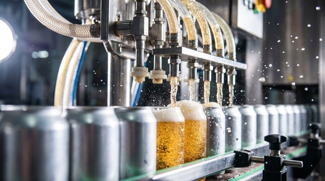Beer filling machine dispenses foaming beer into aluminum cans on a brewery production line. Beverage manufacturing and packaging. Craft beer processing. Automated factory equipment.