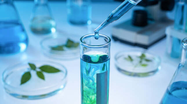 Pipette dispensing a droplet into a test tube of colored liquid in a laboratory. Chemical analysis and scientific research. Biotechnology and laboratory testing. Liquid sample experiment.