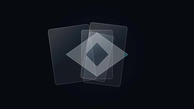 Transparent glass panels overlap and create a refined abstract logo silhouette through simulated refraction, followed by a clean futuristic logo hold.