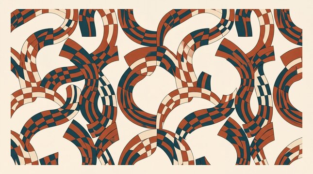 Abstract Retro Geometric Pattern with Interlocking Checkered Arches and Curved Ribbon Shapes in Vintage Colors