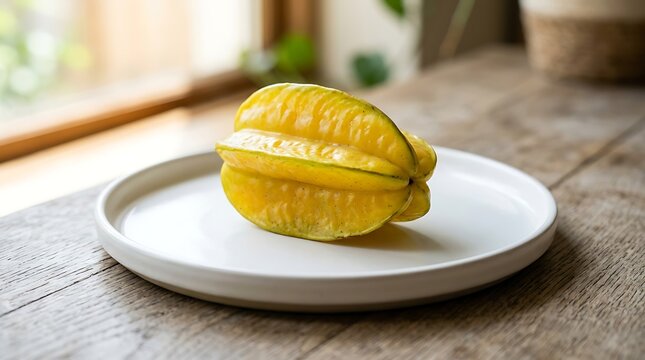 Fresh ripe starfruit on a white ceramic plate sitting on a rustic wooden table