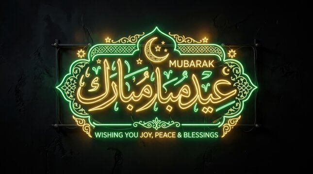 Eid celebration neon sign with arabic script and crescent moon wishing joy with blessings special occasion festive arabic calligraphy borders warm celebratory