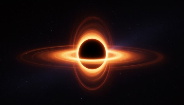 Deep space black hole glowing orange accretion disk bending light event horizon stars