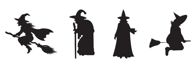 Fototapeta premium Halloween witch silhouette vector. Magic broomstick flying fairy tale character. Black magic spell night flying icon design element for holiday decoration. Eps 10.