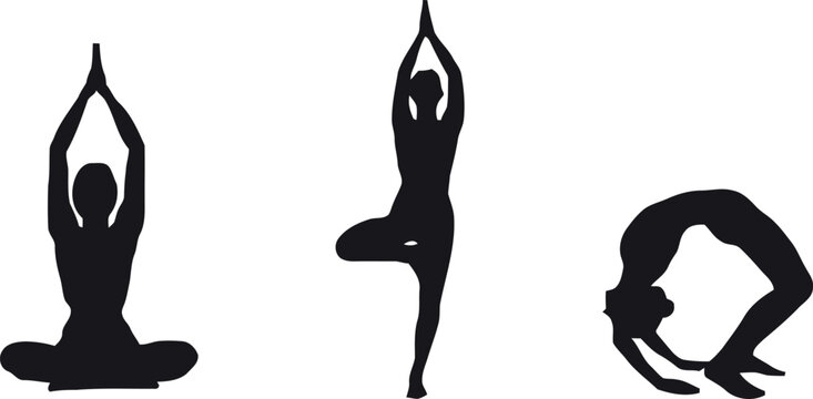 Woman Yoga Poses Silhouette Set Featuring Tree Pose Lotus Position and Wheel Backbend for Wellness Centers Meditation Apps and Healthy Lifestyle Graphic Designs