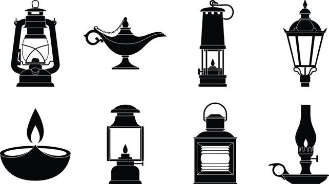 Collection of black silhouette vintage lantern and oil lamp icons featuring hurricane lamps and street lights.