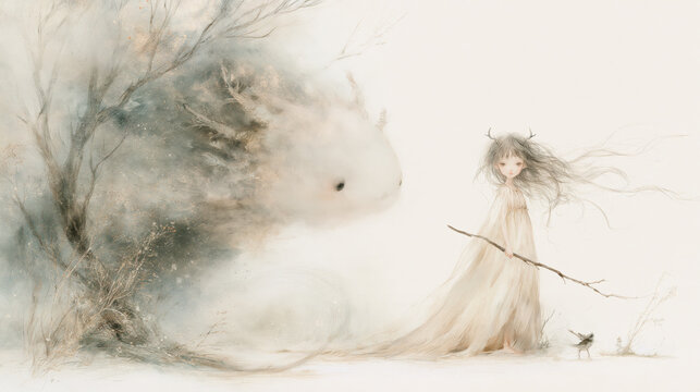 Horned girl beside a giant white creature in a dreamy landscape.