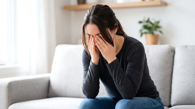 A young woman sits on a couch, covering her face with her hands, appearing distressed or sad.