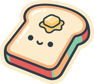 Delicious slice of toasted bread with melting butter on top as a friendly kawaii cartoon character for breakfast menu or bakery brand identity design