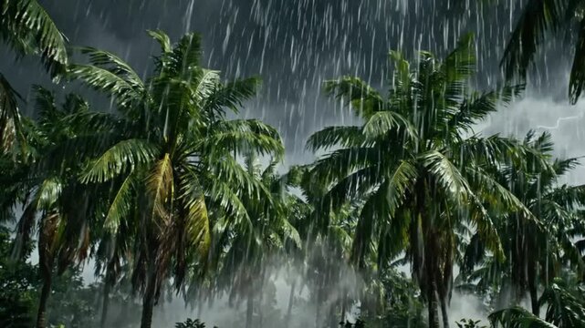 Storm hitting tropical palm trees during heavy rain and wind