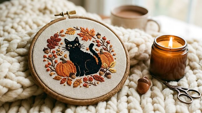 Handmade autumn embroidery hoop with black cat pumpkins and autumn leaves on knit blanket