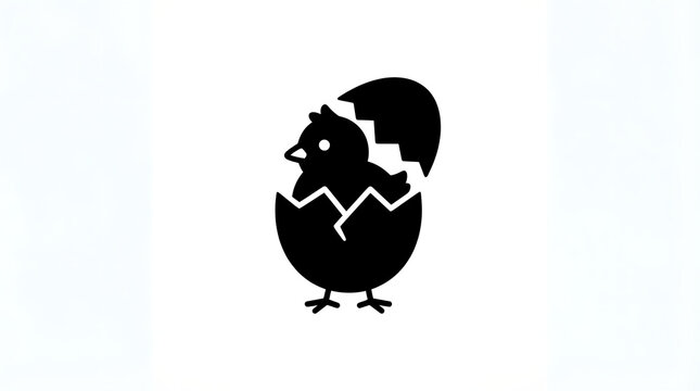 Chick hatching from a cracked egg illustrated as a bold black vector silhouette on a transparent background.